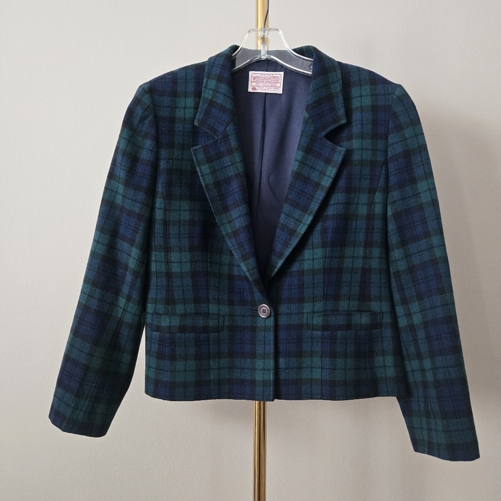 Pendleton Vintage Black Green Navy Plaid Blazer Size 8 Petite